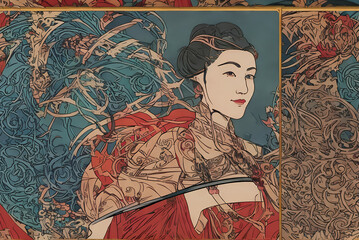 portrait of asian woman in art nouveau style as decoration element for cards or banners, generative ai