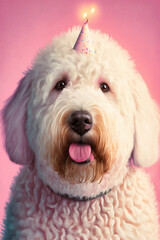 Portrait von einem Hund mit Partyhut und Geburtstagstorte am Geburtstag feiern vor pastellfarbenen Hintergrund