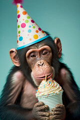 Portrait von einem Affe mit Partyhut und Geburtstagstorte am Geburtstag feiern vor pastellfarbenen Hintergrund