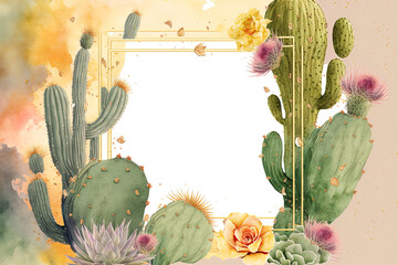 Obraz na płótnie Canvas over a watercolor background, a golden frame with cacti. Generative AI