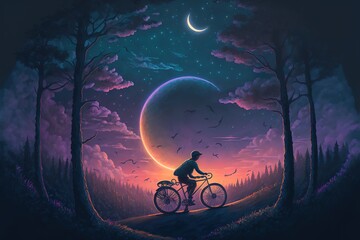 A little boy on a bicycle under the lunar month