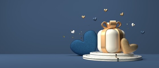 Hearts and a gift box - Appreciation and love theme - 3D render - obrazy, fototapety, plakaty