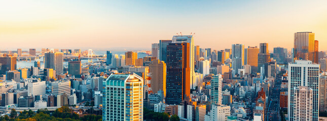 Plakat Aerial view of the skyline and cityscape at sunset in Minato, Tokyo, Japan