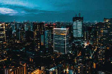 Aerial view of the skyline and cityscape at night in Minato, Tokyo, Japan