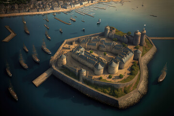 Aerial image of the port of Lorient in southern Brittany, which Vauban fortified in the 17th century at Port Louis in Morbihan, France. Generative AI - obrazy, fototapety, plakaty