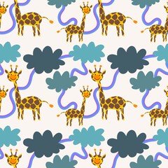 Africa animals seamless giraffes and clouds pattern for kids clothes print and fabrics and linens and wrapping paper