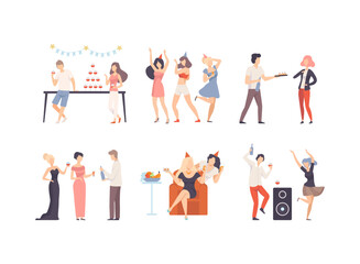 Set of happy people having fun at birthday party. Male and female characters celebrating holiday flat vector illustration