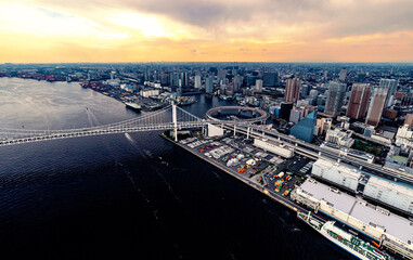 Aerial view of the Rainbow Bridge in Odaiba, Tokyo, Japan