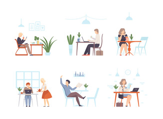 People sitting in cafe or restaurant, drinking coffee and working with laptop computers set flat vector illustration