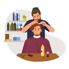 Vector illustration of barber. Cartoon scene with hairdresser who takes a man hair, styling his hair, trimming his beard on white background.
