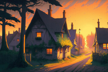 Anime or Manga Drawing of a Quaint Cottage Village Street at Sunset. [Digital Art Painting. Storybook / Fantasy / Historic Background. Graphic Novel, Postcard, or Product Image.]