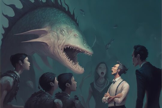 A man is arguing with a group of fish