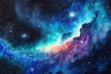 Galaxy wallpaper created by hand in watercolor. Generative AI