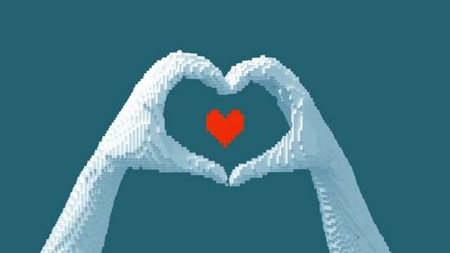 Transformation of a 3D pixel into a digital heart from hands on blue background. Seamless looped. NFT concept. 3D animation. 4k.