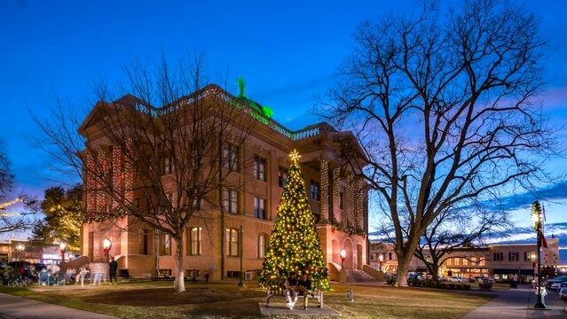 Georgetown Texas City Hall Square at Dusk decorated during the Christmas Holidays
