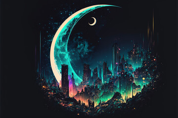 Obraz premium Neon Two Crescent Moons and Cityscape Generative AI