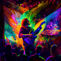 Artist with guitar playing rock concert. Generative AI.