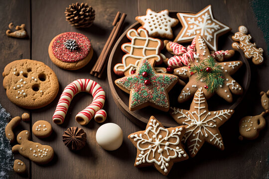 On a wooden table background, happy holidays with handmade cookies. Happy New Year, Xmas, party, and holiday concept. Generative AI
