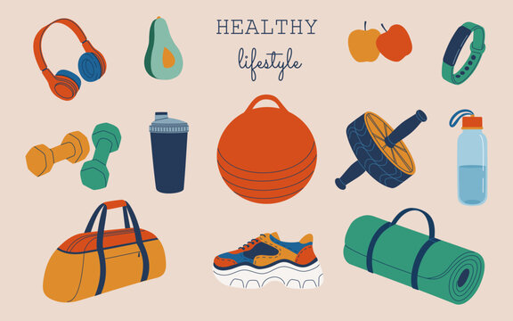 Sport equipment, fitness accessories. Home workout. Fitness ball, foam roller, yoga mat, gym wheel, shaker, dumbbell, fitness tracker, footwear. Hand drawn vector illustration. Flat style.