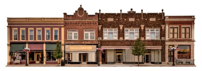 Turn of the century style storefront facade isolated on a transparent background.