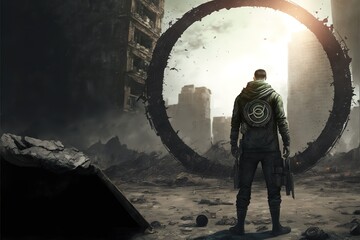 Fototapeta na wymiar A man stands in front of a circular passage in the post-apocalypse world