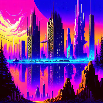 Cityscape in the style of synthwave © Francisco