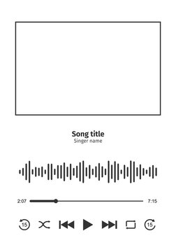 Music player interface with frame for song cover, equalizer, loading progress bar with timer, buttoms shuffle, rewind, play, fast forward, repeat. MP3 player template. Vector graphic illustration