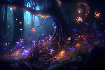 Fototapeta Fairy forest at night, fantasy glowing flowers and lights, generative AI obraz