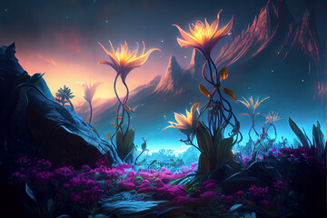Fairy forest at night, fantasy mountains and glowing flowers, generative AI