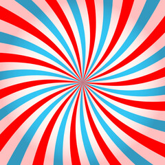 Pink and blue radial twirled stipes, vortex effect, pinwheel pattern. Circus, carnival or festival background. Bubble gum, sweet lollipop candy, ice cream texture. Vector cartoon illustration