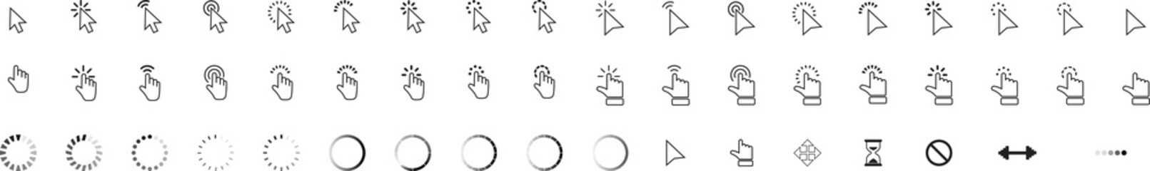 Computer mouse click cursor arrow icons set and loading icons. Cursor icon. Vector illustration. Mouse click cursor icons set. Loading icon. - obrazy, fototapety, plakaty