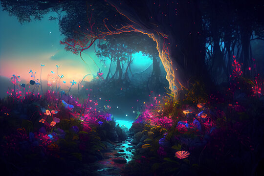 Fairy forest at night, fantasy glowing flowers and lights, generative AI