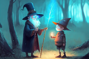 A wizard and his apprentice in the forest - obrazy, fototapety, plakaty