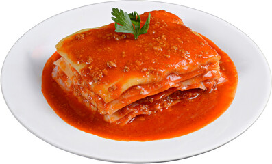 Meat lasagna with tomato sauce in white plate isolated on white background. - obrazy, fototapety, plakaty