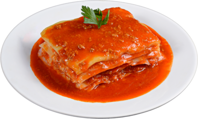 Meat lasagna with tomato sauce in white plate isolated on white background.