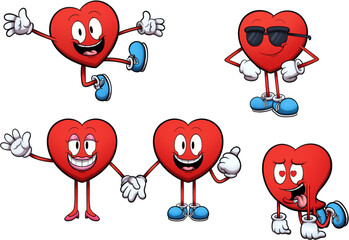 Heart Character With Different Expressions And Poses. Vector clip art illustration with simple gradients.