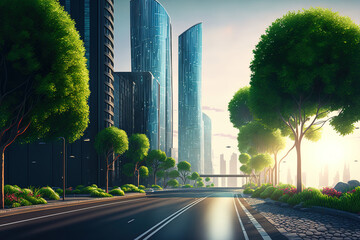 Obraz premium Empty asphalt road in the city with a cityscape cityscape setting with glass office structures skyscrapers lofty towers with lush shrubs and trees on the ground. Generative AI