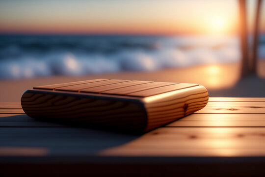 WOODEN TABLE WITH A BOKEH BEACH BACKGROUND - Generative AI technology