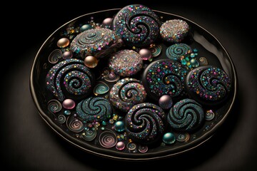 illustration of glitter and candy, dark background, image by AI.