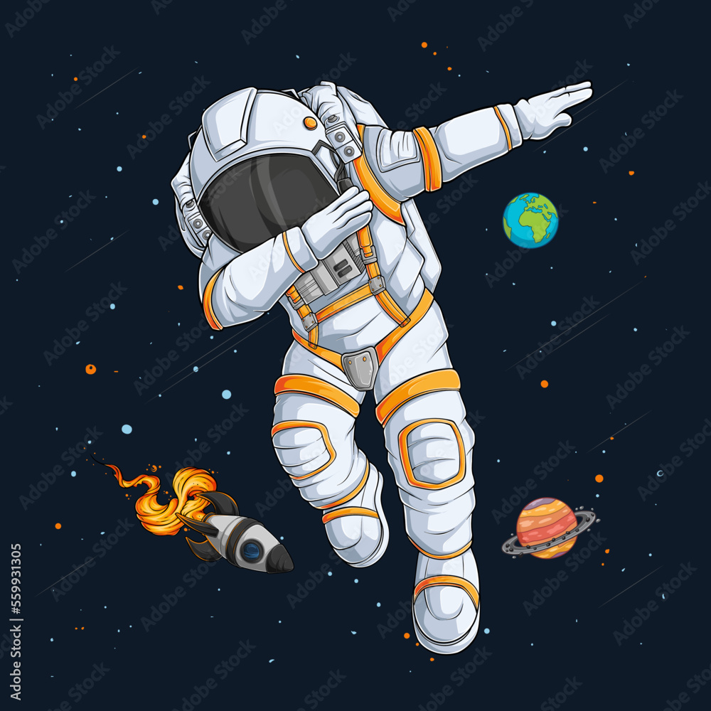 Canvas Prints hand drawn funny astronaut doing dabbing dance in the space with a space rocket and planets behind