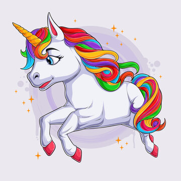 Hand drawn cute little magical unicorn character running with colorful hair isolated