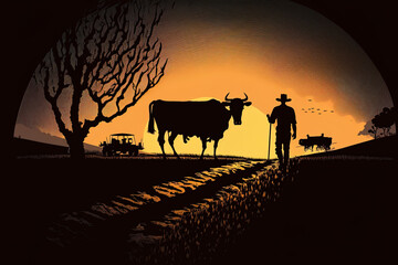Fototapeta na wymiar sketch of a landscape, a scene, a sunset, a moonlit night, or wallpapers sketch in nature that is abstract, backdrop with silhouettes, On a morning with a dawn, a farmer is plows with a cow