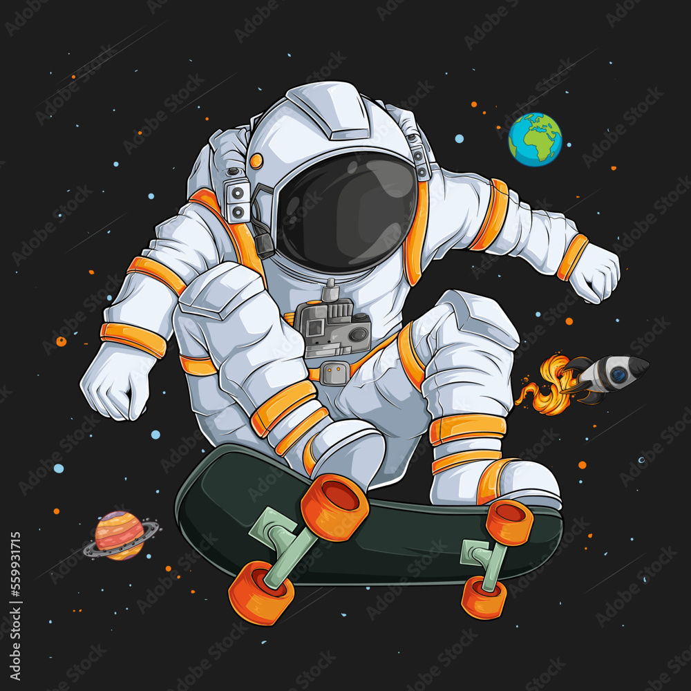 Sticker hand drawn astronaut in spacesuit playing skateboard on space over space rocket and planets