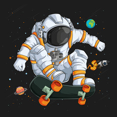 Hand drawn astronaut in spacesuit playing skateboard on space over space rocket and planets
