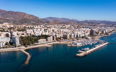 Aerial drone perspective of beautiful over luxury Puerto Banus Bay in Marbella, Costa del Sol. Spain