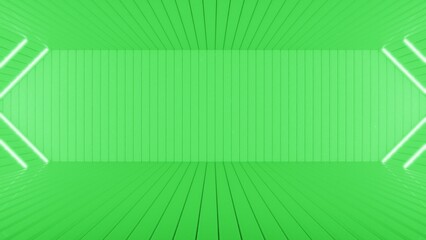 Green neon laser led lights on Sci-Fi futuristic modern spaceship in dark tunnel. White corridor hangar garage metal glossy with showroom empty stage. Concept 3D CG of fantastic world.