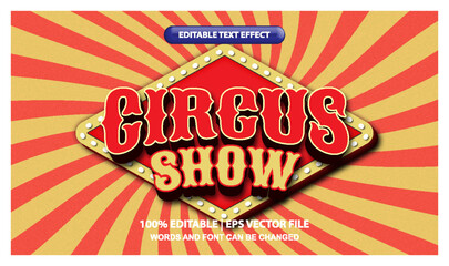 Circus show, editable text effect template, retro vintage font style in sun rays background