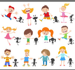 Obraz na płótnie Canvas cartoon happy children characters and silhouettes set