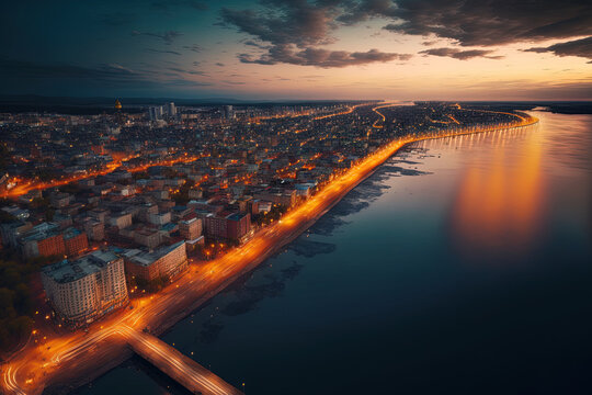 Conceptual Ai Generated Image - Russia's central embankment of the Kama River and the city of Perm are shown in this aerial top view panorama taken at dusk. Generative AI