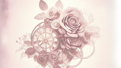 Steampunk floral background with roses in Dusty Rose